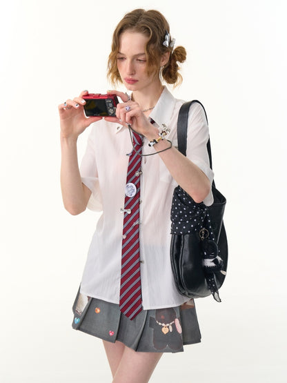 Back Lace Up Heart Button Short Sleeve Shirt【s0000013095】