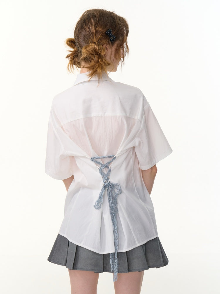 Back Lace Up Heart Button Short Sleeve Shirt【s0000013095】