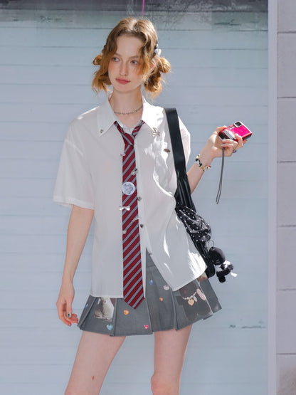 Back Lace Up Heart Button Short Sleeve Shirt【s0000013095】