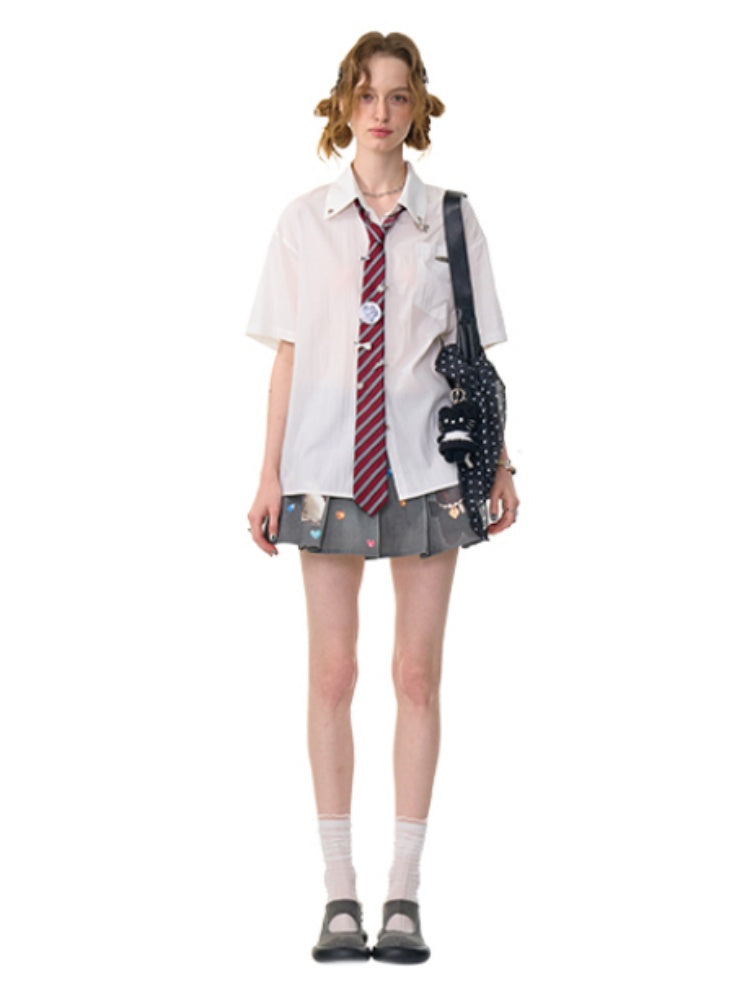 Back Lace Up Heart Button Short Sleeve Shirt【s0000013095】