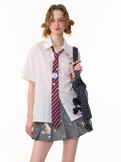 Back Lace Up Heart Button Short Sleeve Shirt【s0000013095】