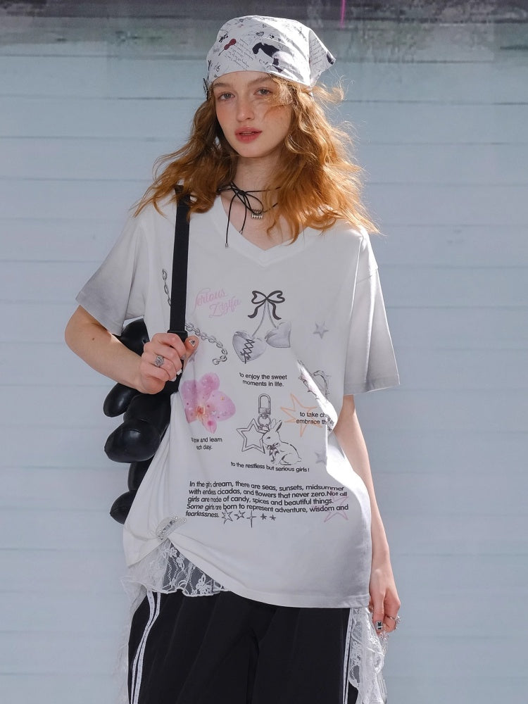 Gradation Print Loose V-Neck Short Sleeve T-Shirt【s0000013096】