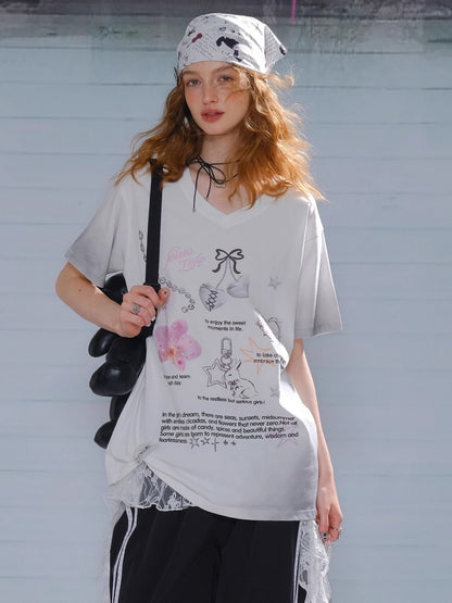 Gradation Print Loose V-Neck Short Sleeve T-Shirt【s0000013096】