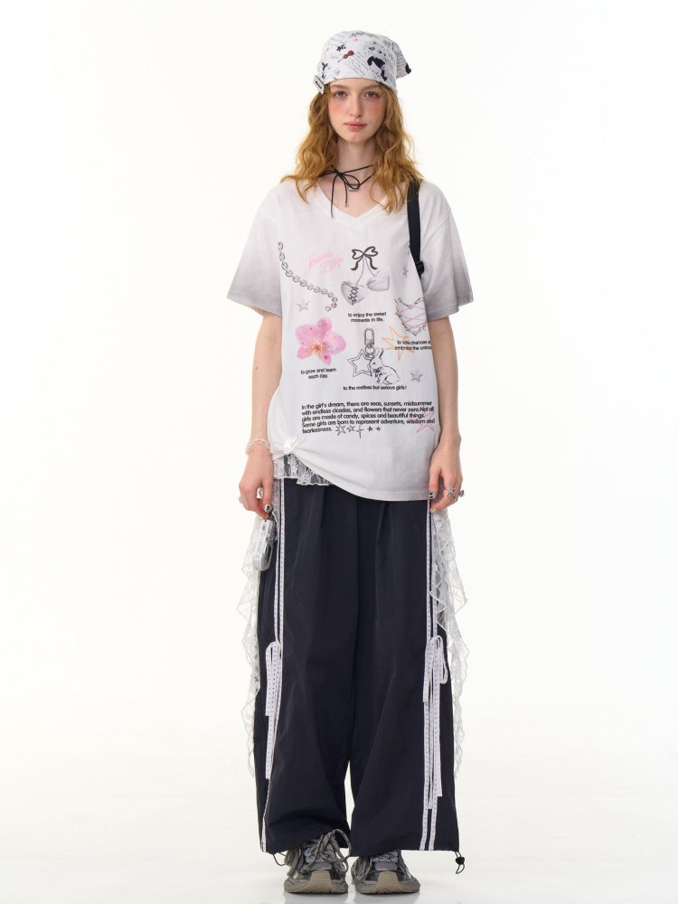 Gradation Print Loose V-Neck Short Sleeve T-Shirt【s0000013096】