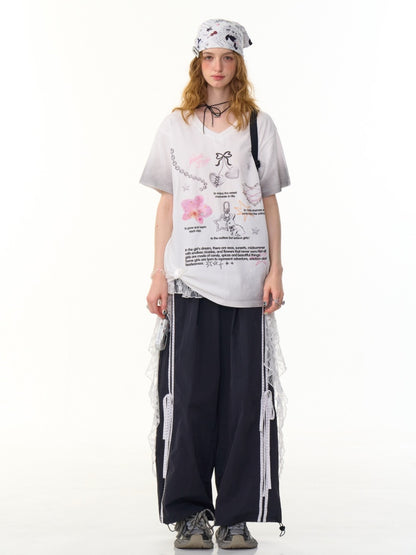 Gradation Print Loose V-Neck Short Sleeve T-Shirt【s0000013096】