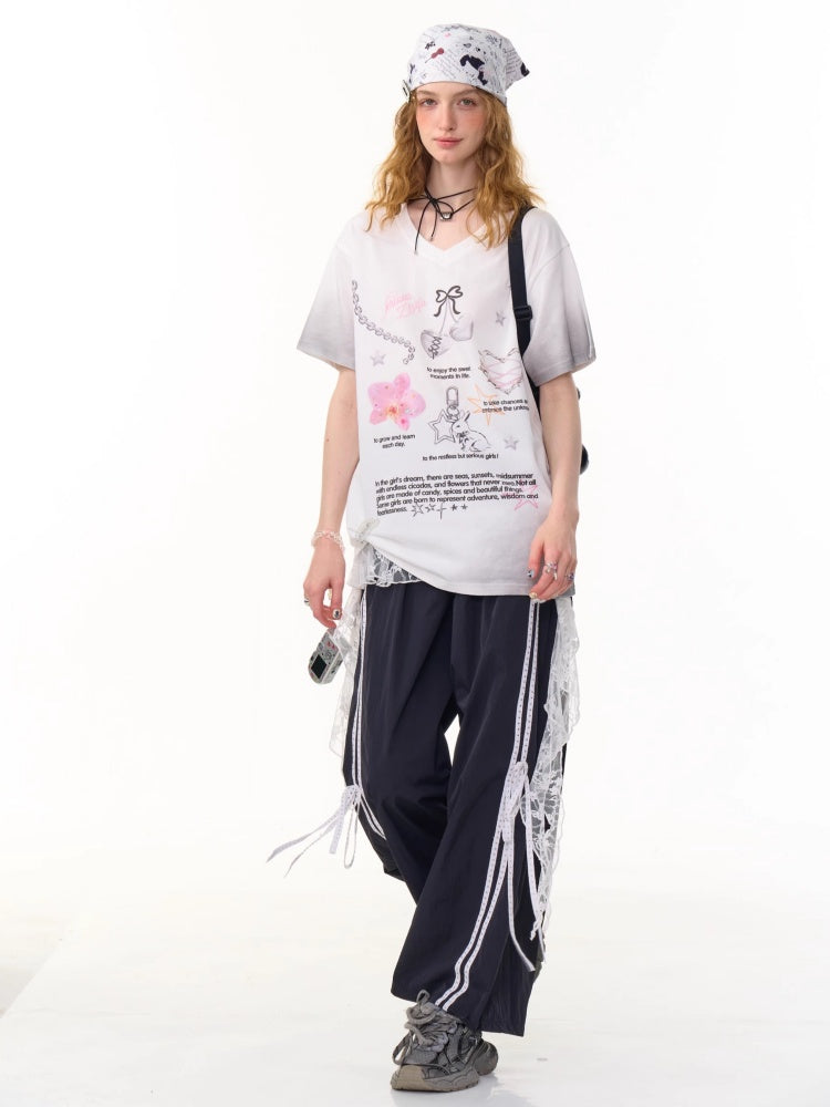 Gradation Print Loose V-Neck Short Sleeve T-Shirt【s0000013096】