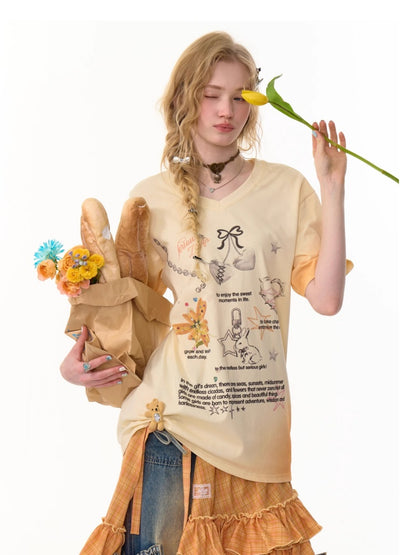 Gradation Print Loose V-Neck Short Sleeve T-Shirt【s0000013096】