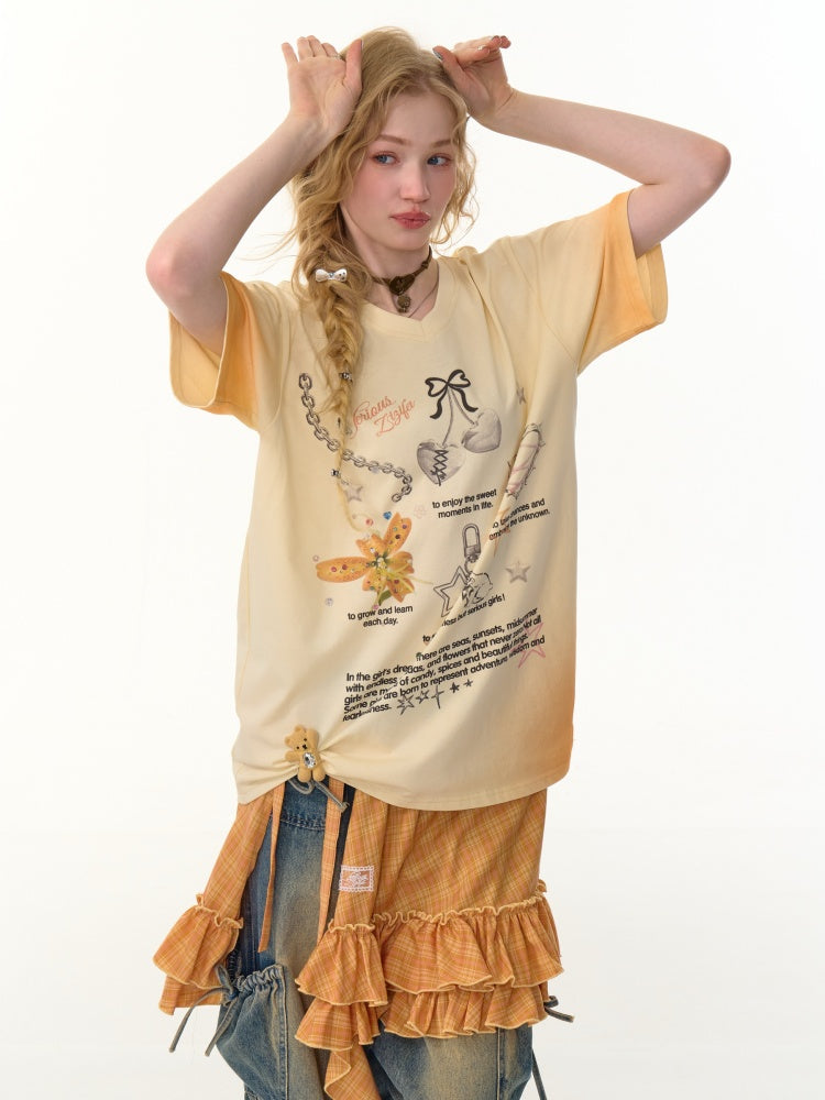 Gradation Print Loose V-Neck Short Sleeve T-Shirt【s0000013096】