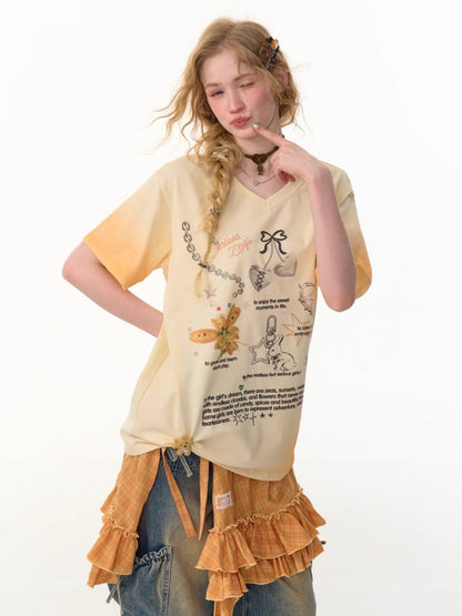 Gradation Print Loose V-Neck Short Sleeve T-Shirt【s0000013096】