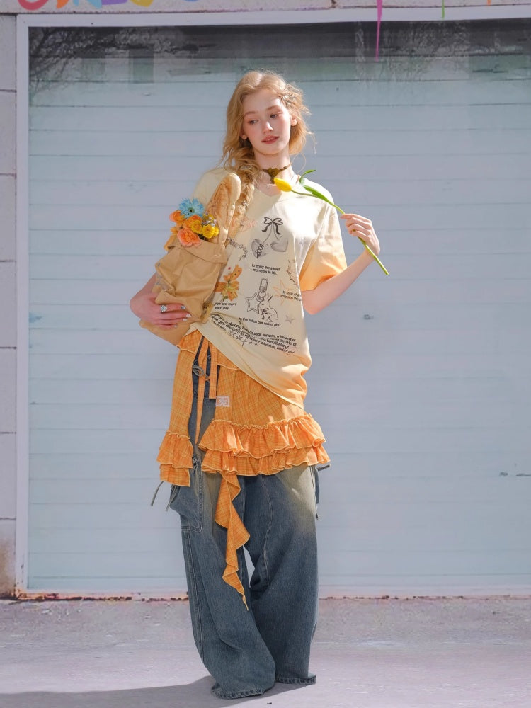 Gradation Print Loose V-Neck Short Sleeve T-Shirt【s0000013096】