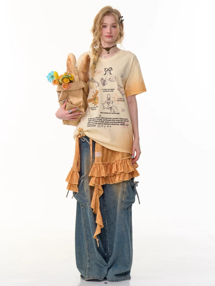 Gradation Print Loose V-Neck Short Sleeve T-Shirt【s0000013096】