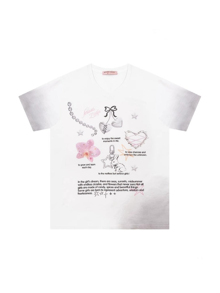 Gradation Print Loose V-Neck Short Sleeve T-Shirt【s0000013096】