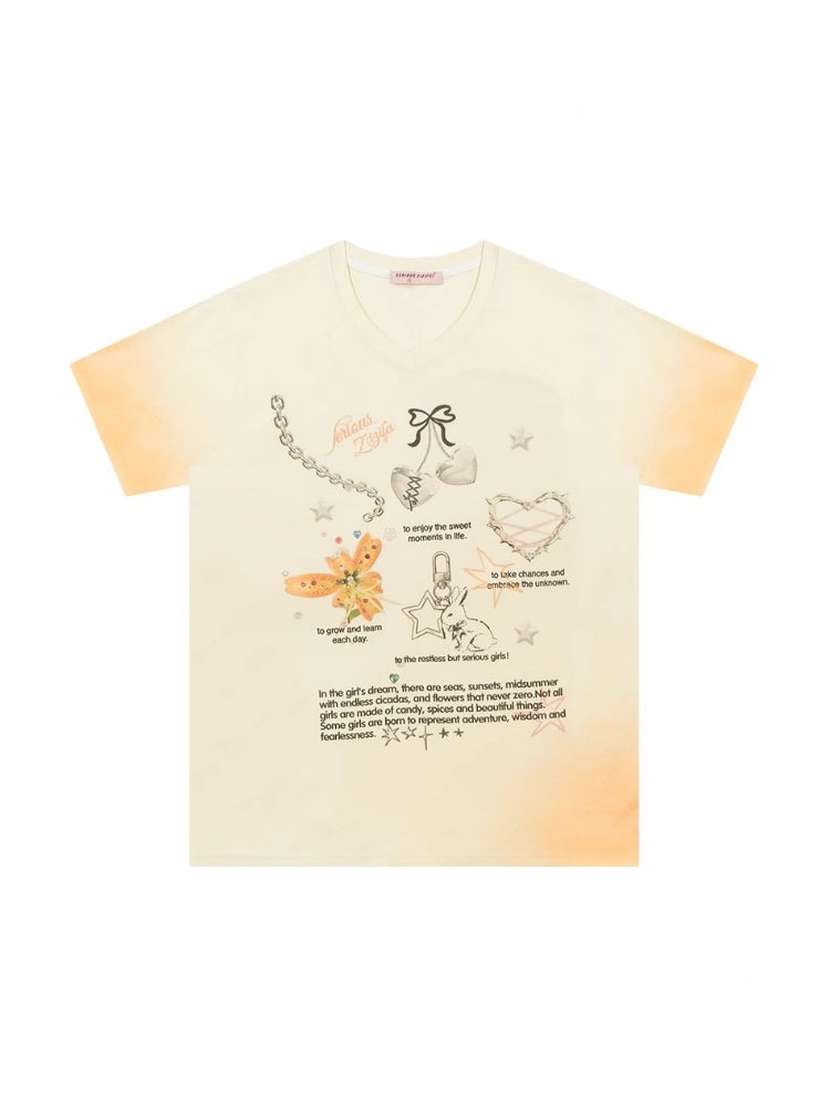 Gradation Print Loose V-Neck Short Sleeve T-Shirt【s0000013096】