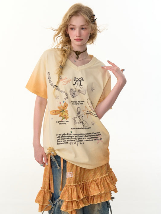 Gradation Print Loose V-Neck Short Sleeve T-Shirt【s0000013096】