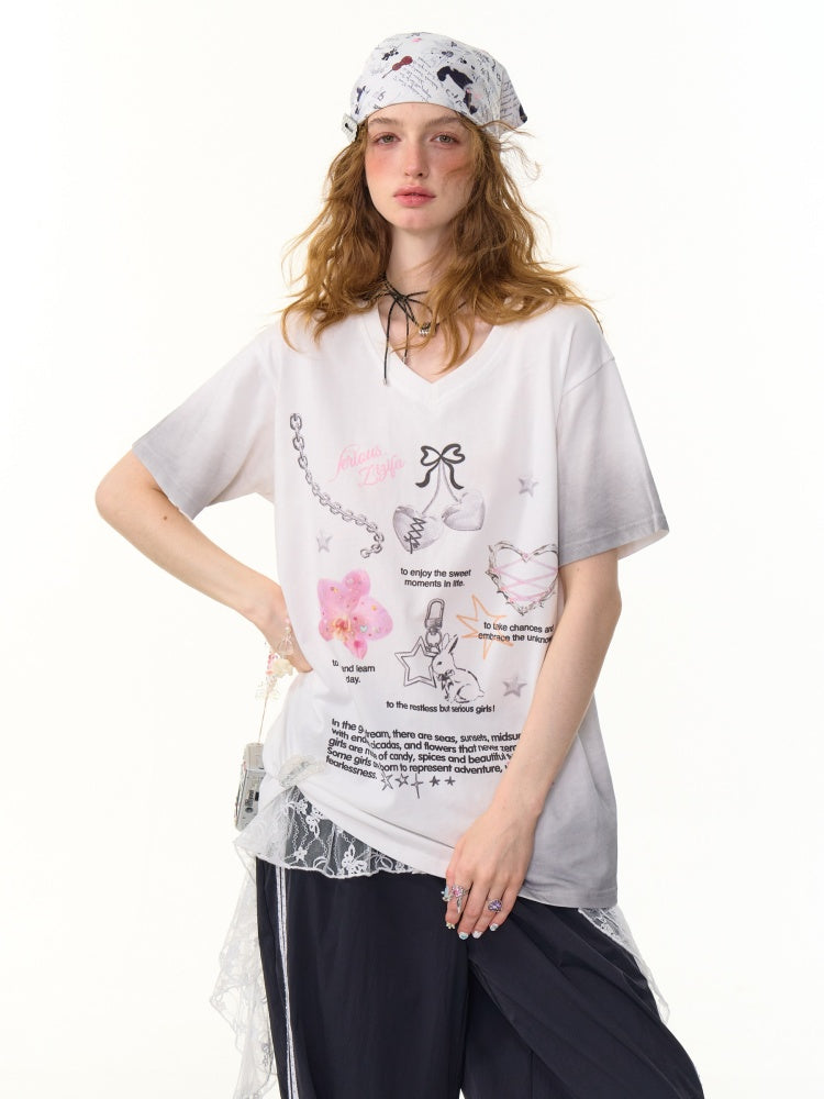 Gradation Print Loose V-Neck Short Sleeve T-Shirt【s0000013096】