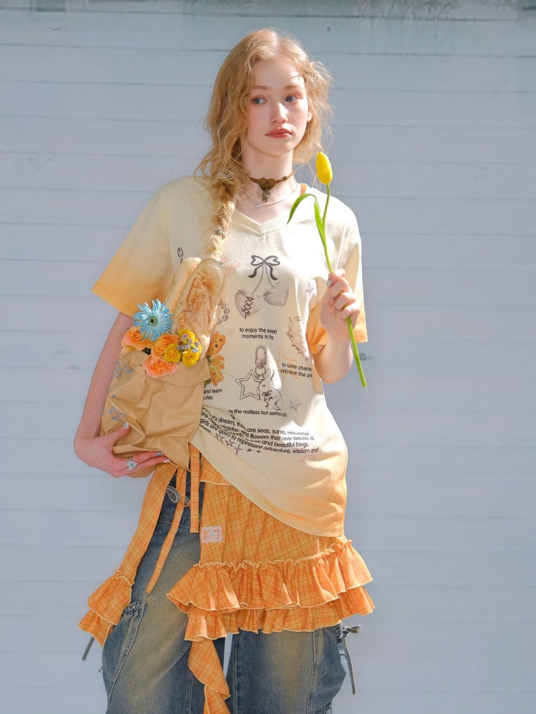 Gradation Print Loose V-Neck Short Sleeve T-Shirt【s0000013096】