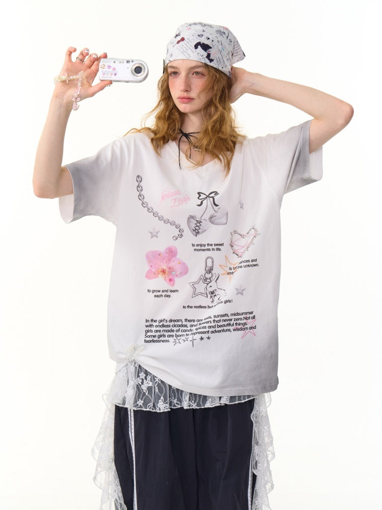 Gradation Print Loose V-Neck Short Sleeve T-Shirt【s0000013096】