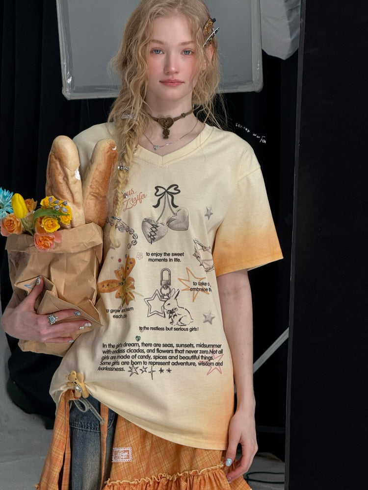 Gradation Print Loose V-Neck Short Sleeve T-Shirt【s0000013096】