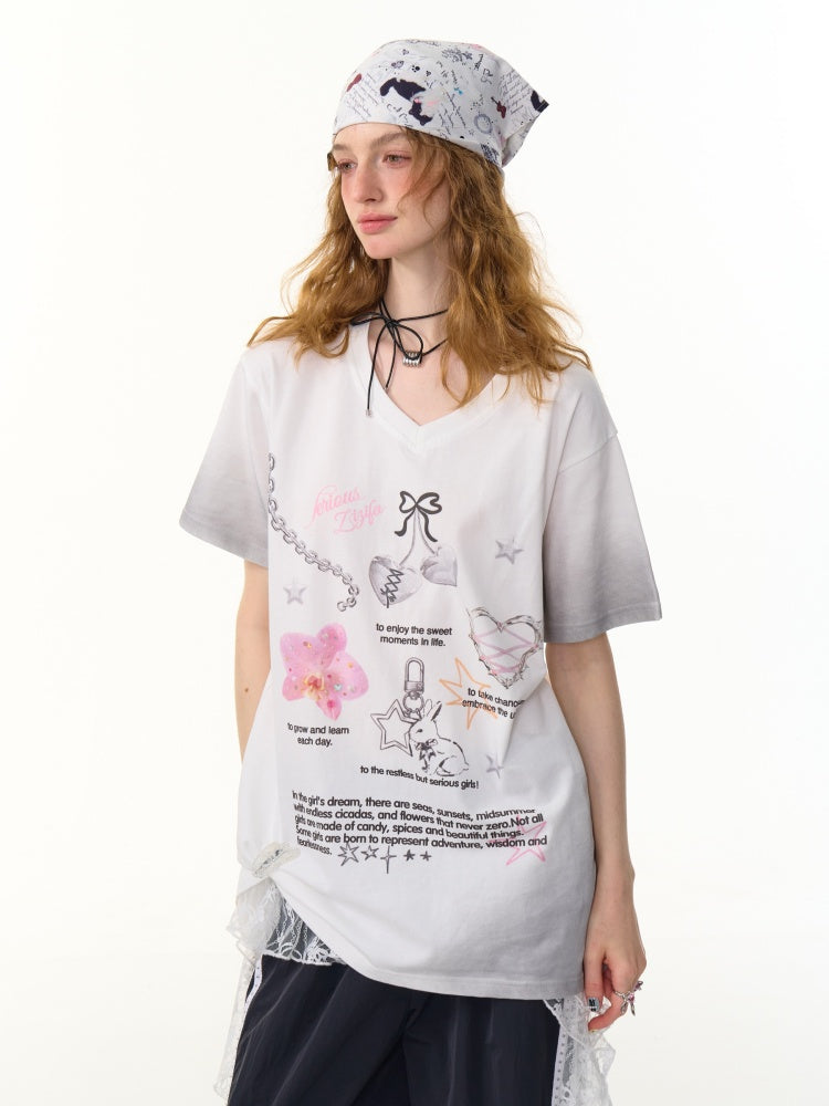 Gradation Print Loose V-Neck Short Sleeve T-Shirt【s0000013096】