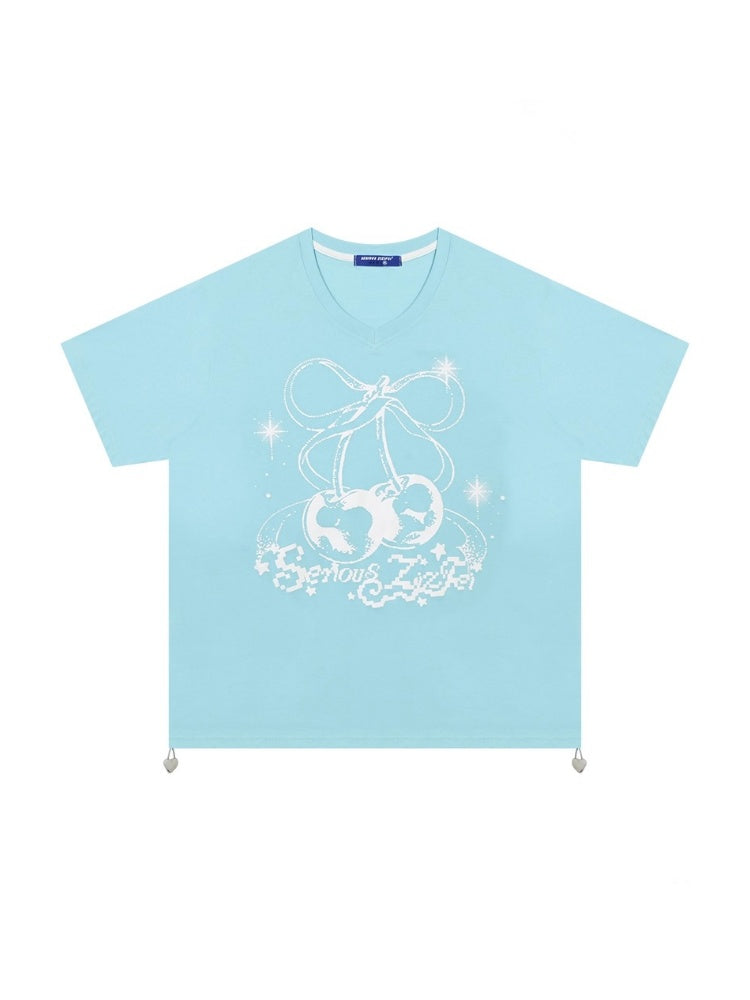 Cherry Print Drawstring Loose V-Neck Short Sleeve T-Shirt【s0000013098】