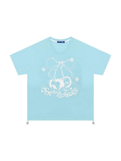 Cherry Print Drawstring Loose V-Neck Short Sleeve T-Shirt【s0000013098】