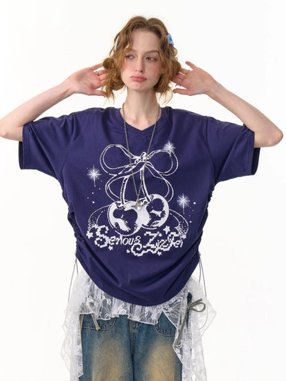 Cherry Print Drawstring Loose V-Neck Short Sleeve T-Shirt【s0000013098】