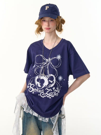 Cherry Print Drawstring Loose V-Neck Short Sleeve T-Shirt【s0000013098】