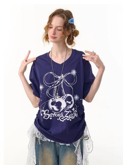Cherry Print Drawstring Loose V-Neck Short Sleeve T-Shirt【s0000013098】