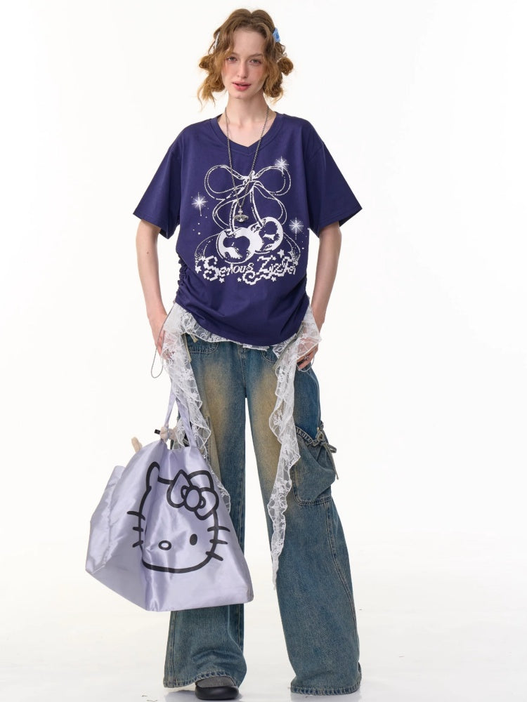 Cherry Print Drawstring Loose V-Neck Short Sleeve T-Shirt【s0000013098】