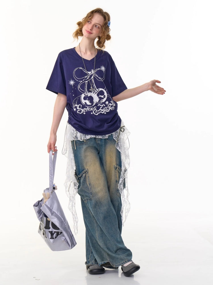 Cherry Print Drawstring Loose V-Neck Short Sleeve T-Shirt【s0000013098】