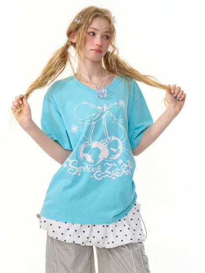 Cherry Print Drawstring Loose V-Neck Short Sleeve T-Shirt【s0000013098】