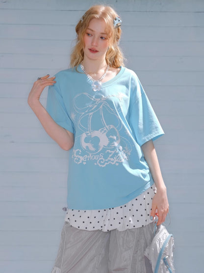 Cherry Print Drawstring Loose V-Neck Short Sleeve T-Shirt【s0000013098】