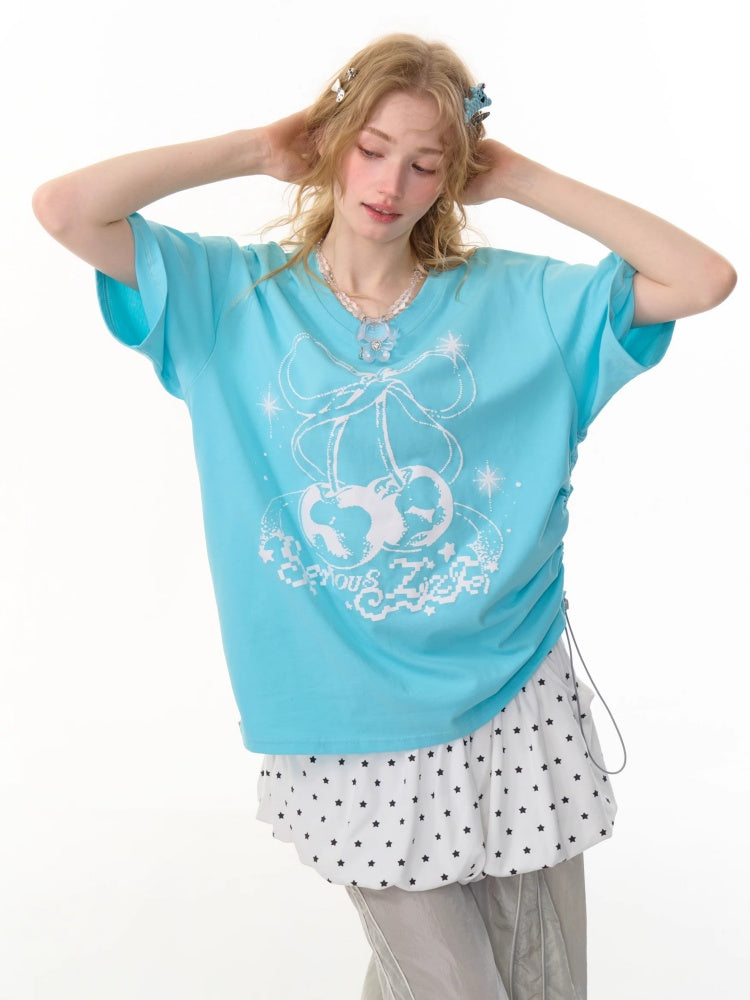 Cherry Print Drawstring Loose V-Neck Short Sleeve T-Shirt【s0000013098】