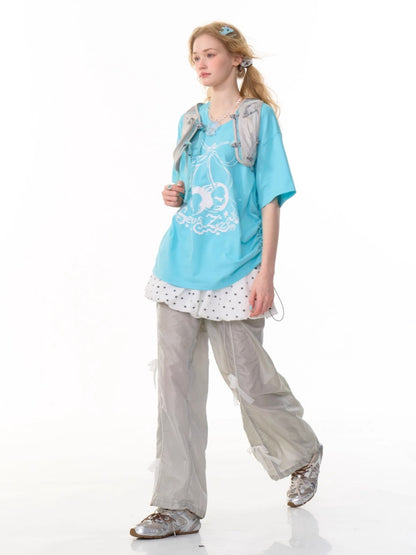 Cherry Print Drawstring Loose V-Neck Short Sleeve T-Shirt【s0000013098】