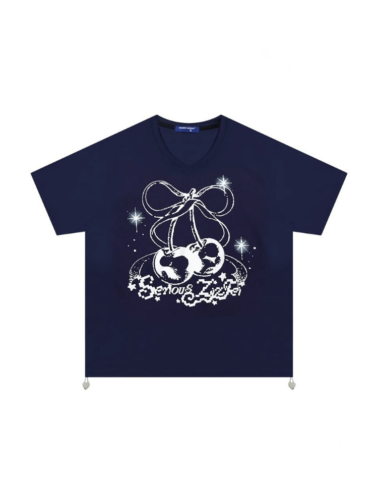 Cherry Print Drawstring Loose V-Neck Short Sleeve T-Shirt【s0000013098】