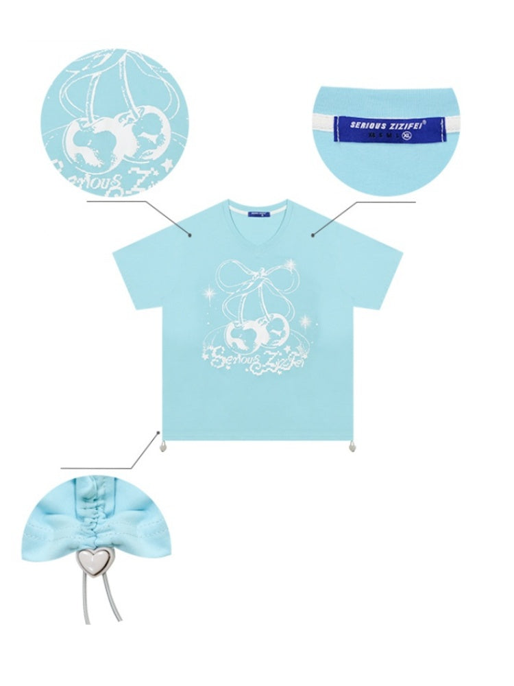 Cherry Print Drawstring Loose V-Neck Short Sleeve T-Shirt【s0000013098】