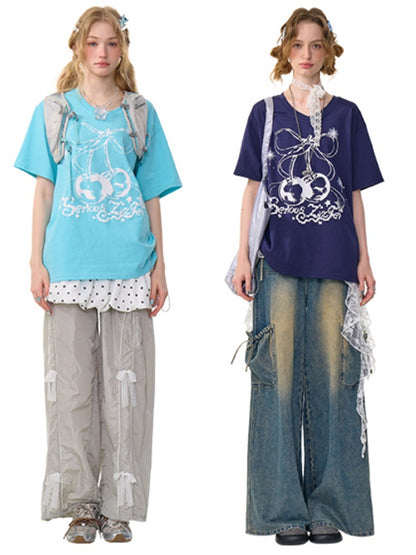 Cherry Print Drawstring Loose V-Neck Short Sleeve T-Shirt【s0000013098】