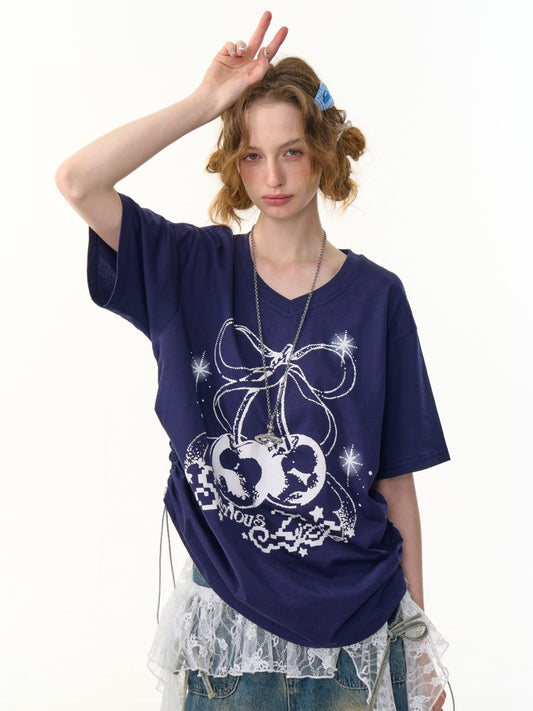 Cherry Print Drawstring Loose V-Neck Short Sleeve T-Shirt【s0000013098】