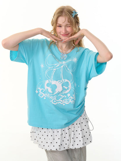 Cherry Print Drawstring Loose V-Neck Short Sleeve T-Shirt【s0000013098】