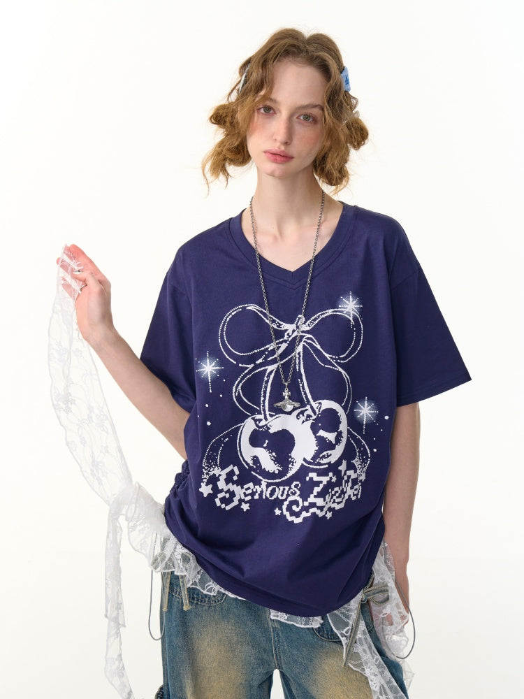 Cherry Print Drawstring Loose V-Neck Short Sleeve T-Shirt【s0000013098】