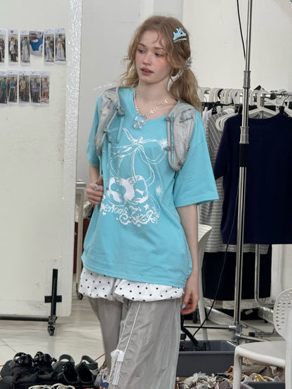 Cherry Print Drawstring Loose V-Neck Short Sleeve T-Shirt【s0000013098】