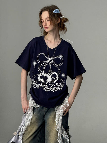 Cherry Print Drawstring Loose V-Neck Short Sleeve T-Shirt【s0000013098】