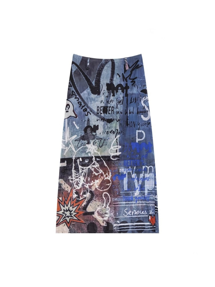 Graffiti Print High Waist Sheer Midi Skirt【s0000013099】