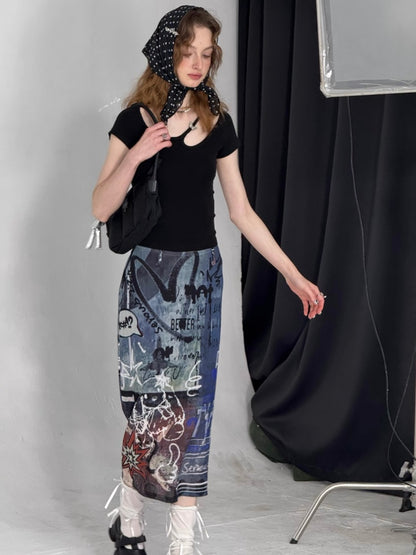 Graffiti Print High Waist Sheer Midi Skirt【s0000013099】