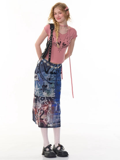 Graffiti Print High Waist Sheer Midi Skirt【s0000013099】