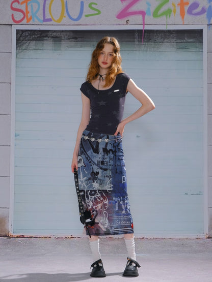 Graffiti Print High Waist Sheer Midi Skirt【s0000013099】