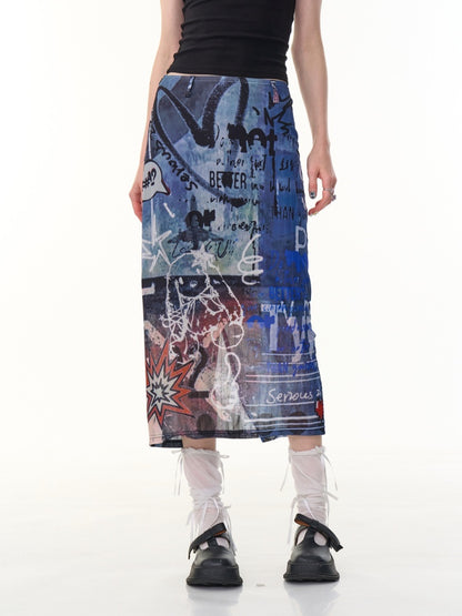 Graffiti Print High Waist Sheer Midi Skirt【s0000013099】