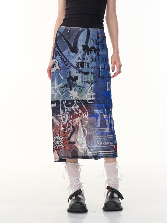 Graffiti Print High Waist Sheer Midi Skirt【s0000013099】