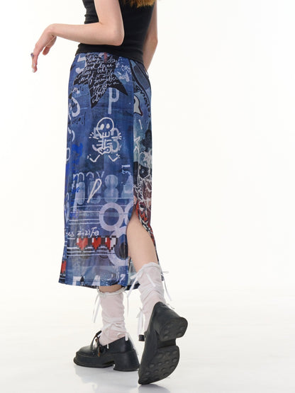 Graffiti Print High Waist Sheer Midi Skirt【s0000013099】