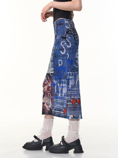 Graffiti Print High Waist Sheer Midi Skirt【s0000013099】